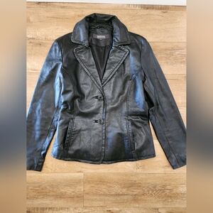 Kenneth Cole Reaction Black 100% Leather Button Front Spy Jacket Blazer Women L